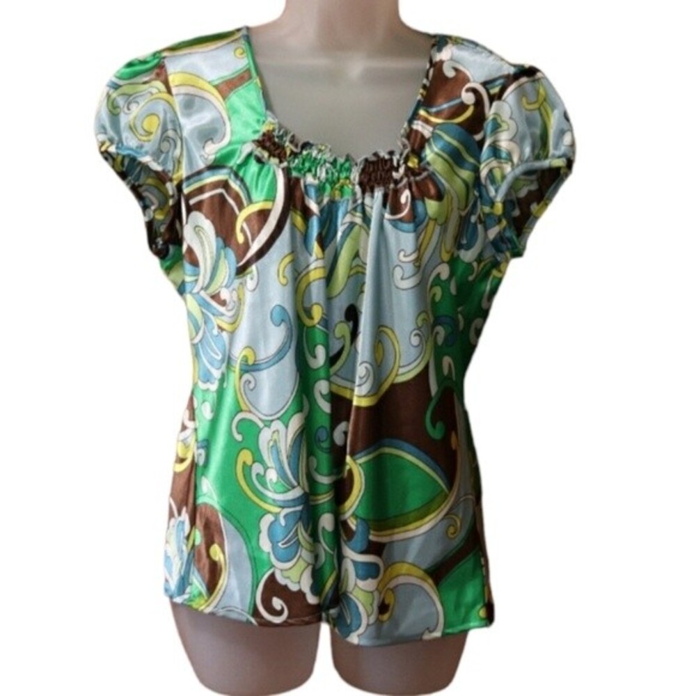Allison Taylor Green Physcdelic Squiggle Vintage 90s Print Pattern Cap Sleeve LG